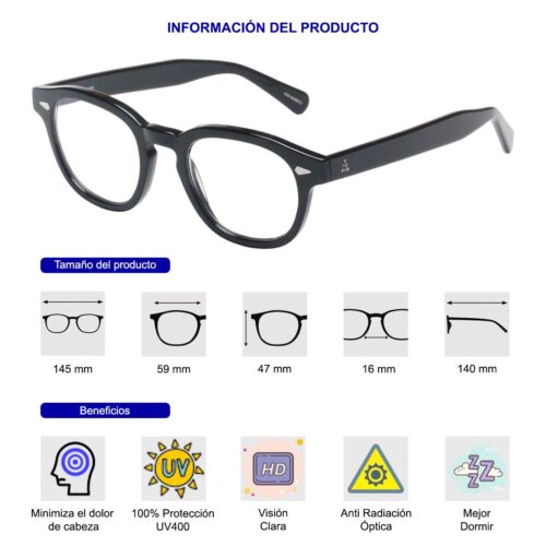 Lentes de Acetato, Protectores de Luz Azul, Unisex, Alta Calidad, Negro. - Imagen 2
